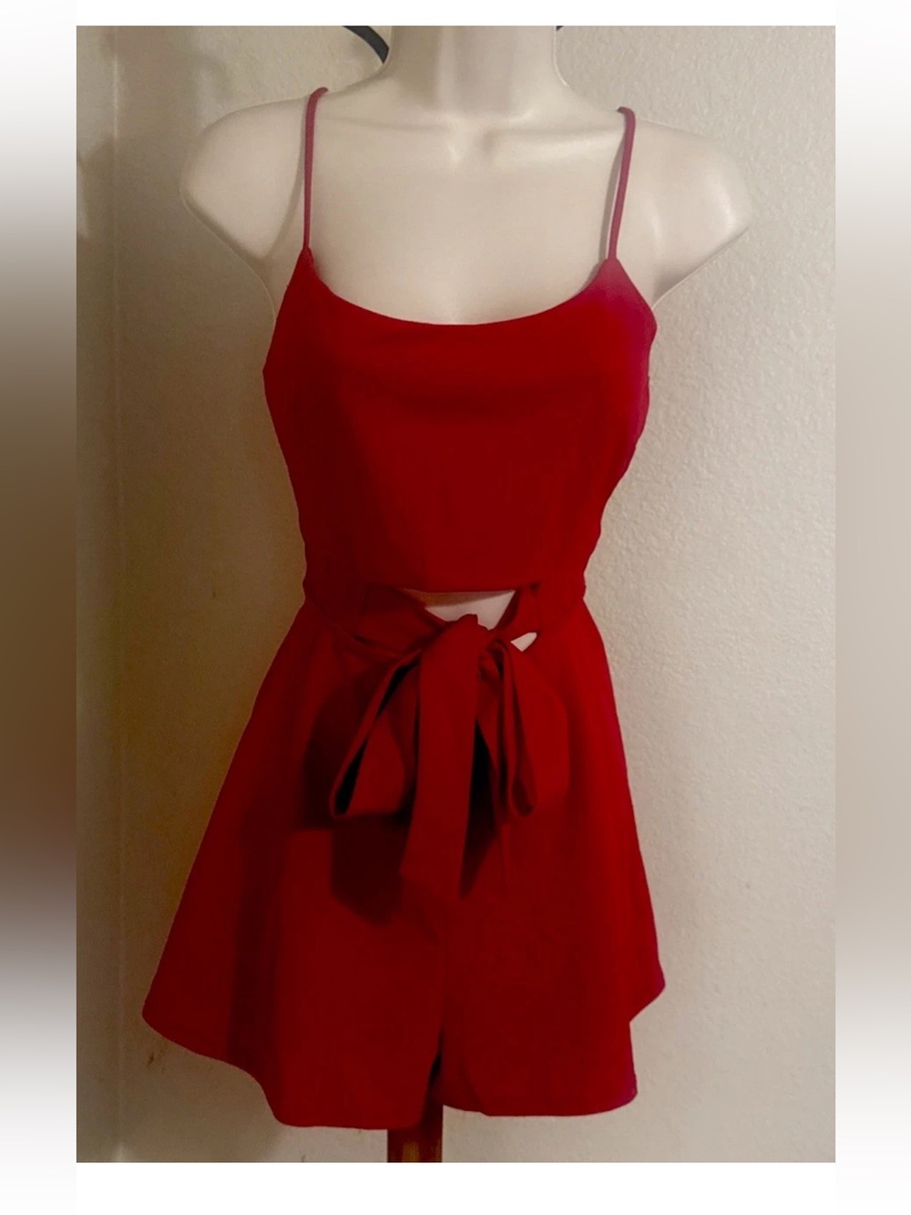 Red Bow Front Dress — Romper‑Style Cutout — Fit & Flare Mini Size Medium